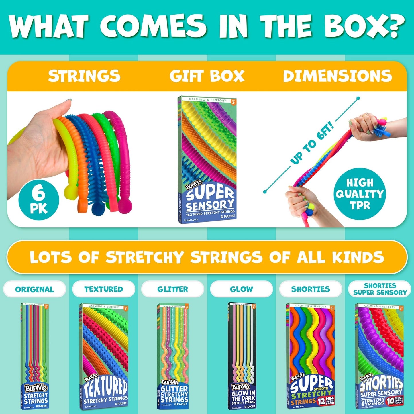 BUNMO Stretchy Strings – Stimulating Fidget Toys for Kids (6 Pack)