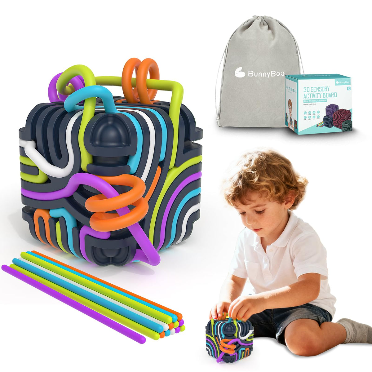 BunnyBoo Sensory Activity Board — 3D Cube Fidget Toys for Focus, Calm & Travel