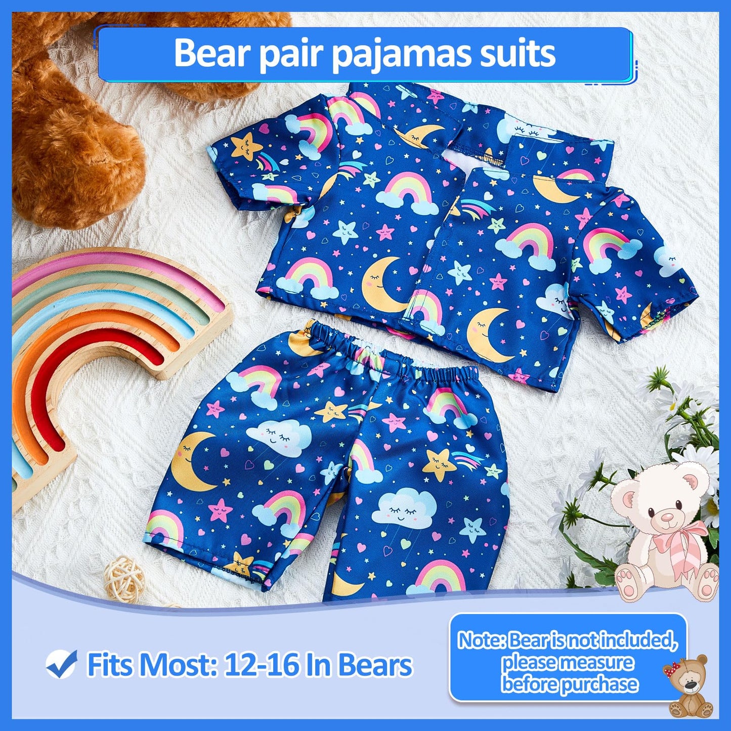 Bunnycool 2 Pcs Bear Pajamas Outfit for 12-16 Inch Bears – Blue Plushy Clothes Set