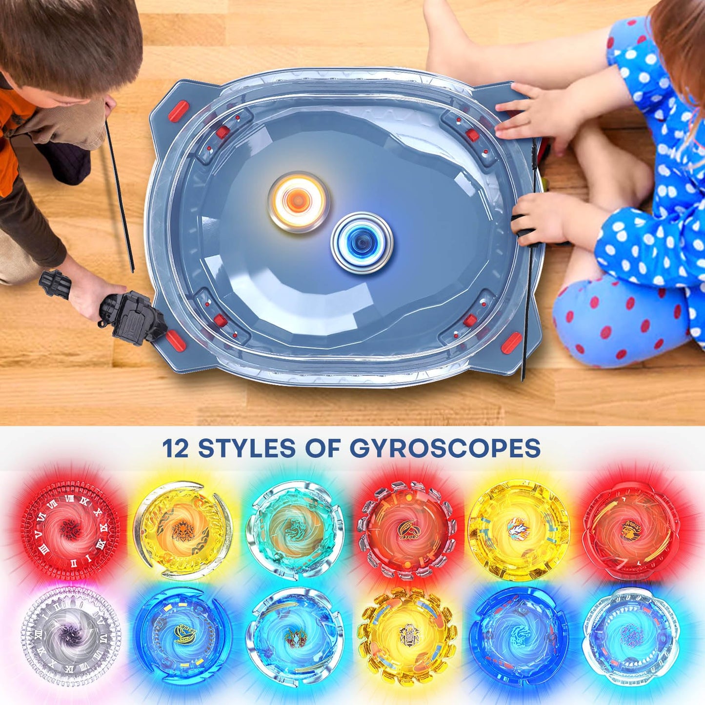 BUPASAK Light Ignite Spinning Tops Battle Set – 12 Glow Tops, Stadium, 3 Launchers