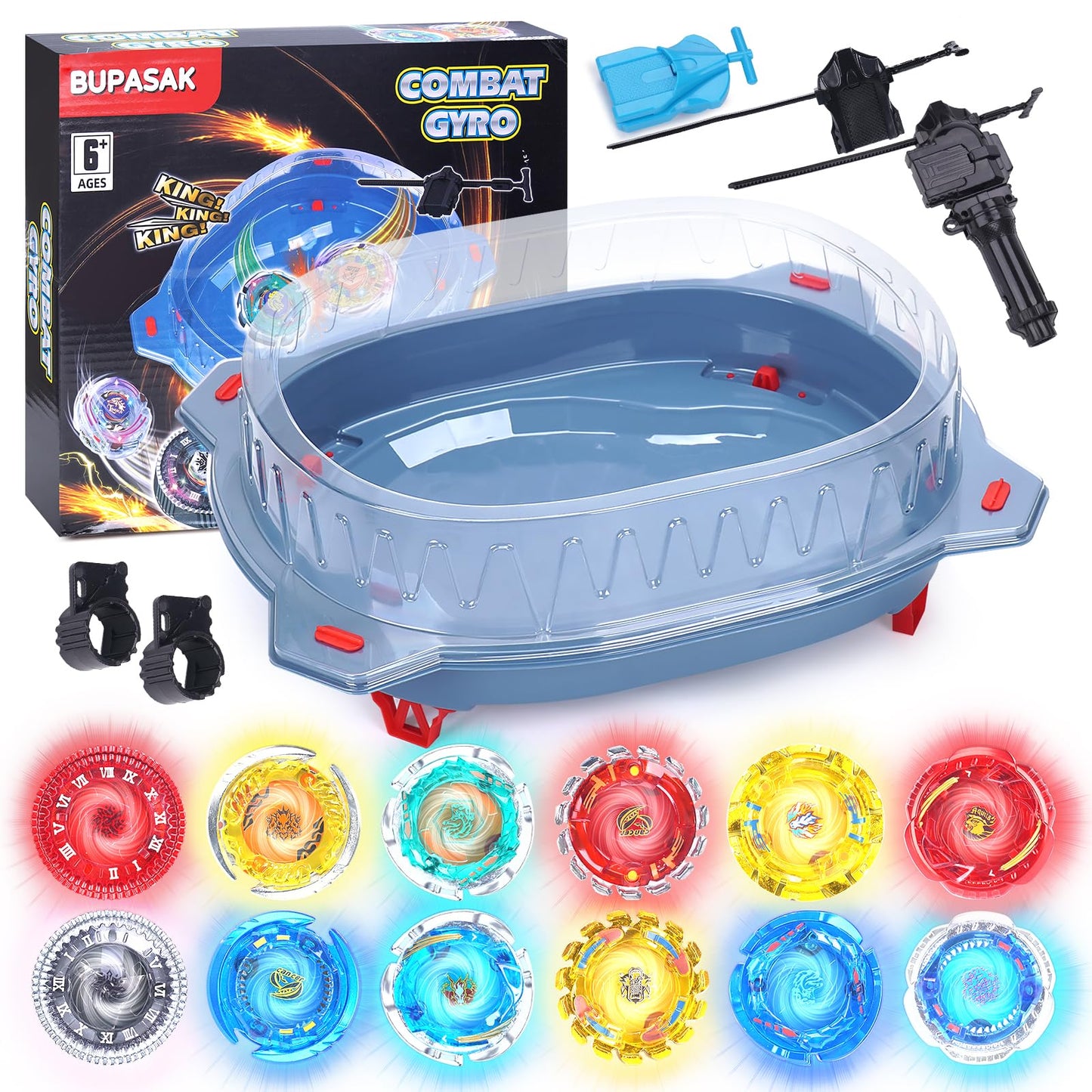 BUPASAK Light Ignite Spinning Tops Battle Set – 12 Glow Tops, Stadium, 3 Launchers