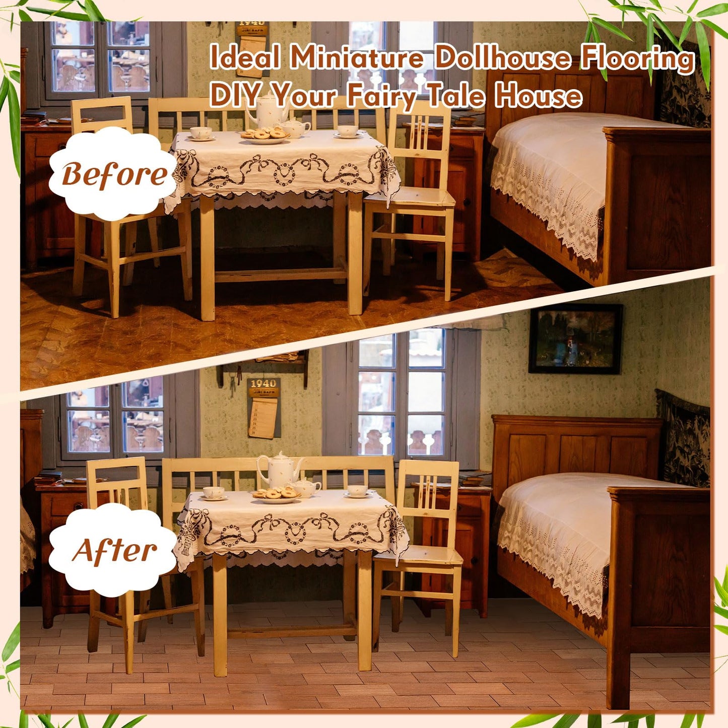 Burbell 400 Pcs Miniature Dollhouse Flooring – 1:12 Bamboo Floorboards for Models