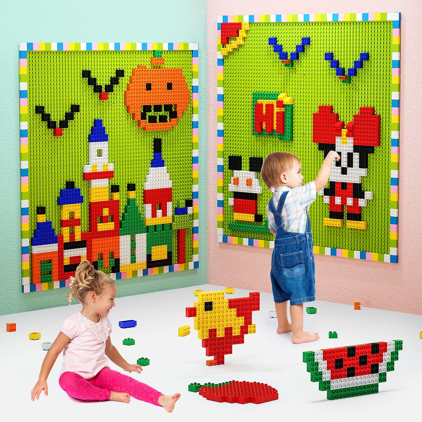 Burgkidz Build On Wall or Table - 8-Pack Green Base Plates + 444 Bricks, Major Brand Compatible