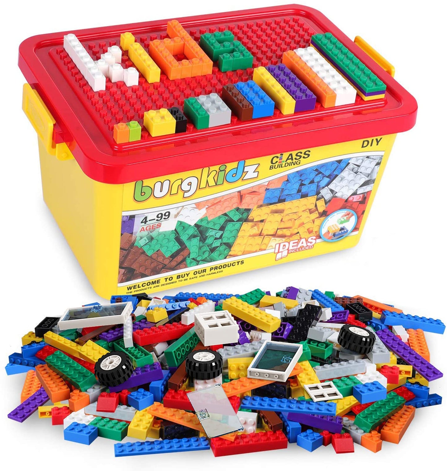 burgkidz Building Bricks 568 Pieces – STEM Toy Blocks with Wheels, Doors, Windows, Storage Box | 3+ Gift