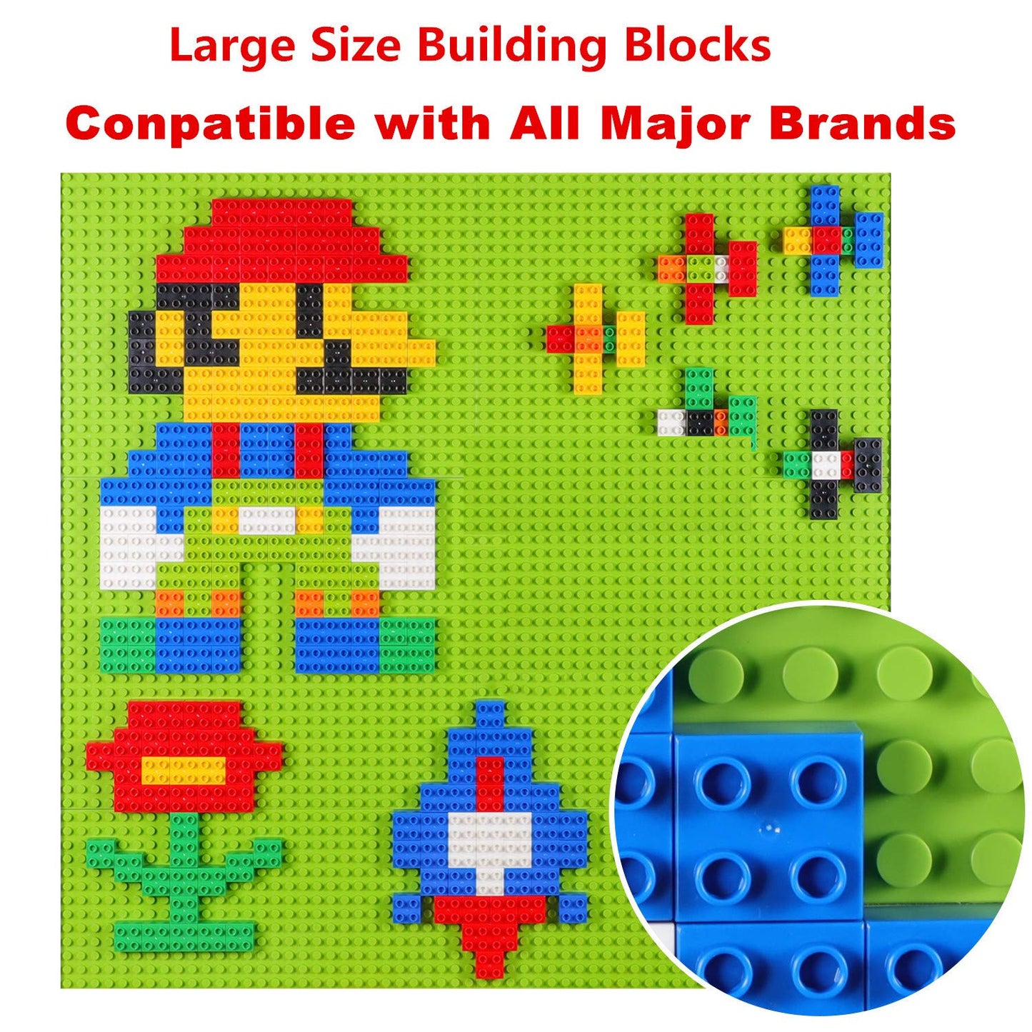 Burgkidz Build On Wall or Table - 8-Pack Green Base Plates + 444 Bricks, Major Brand Compatible