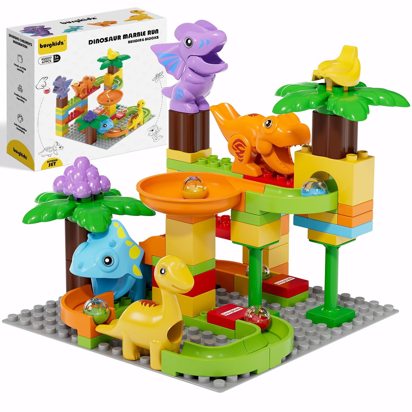 Burgkidz Kids Marble Run & Dinosaur Building Blocks – Montessori STEM Toy for Ages 3-8