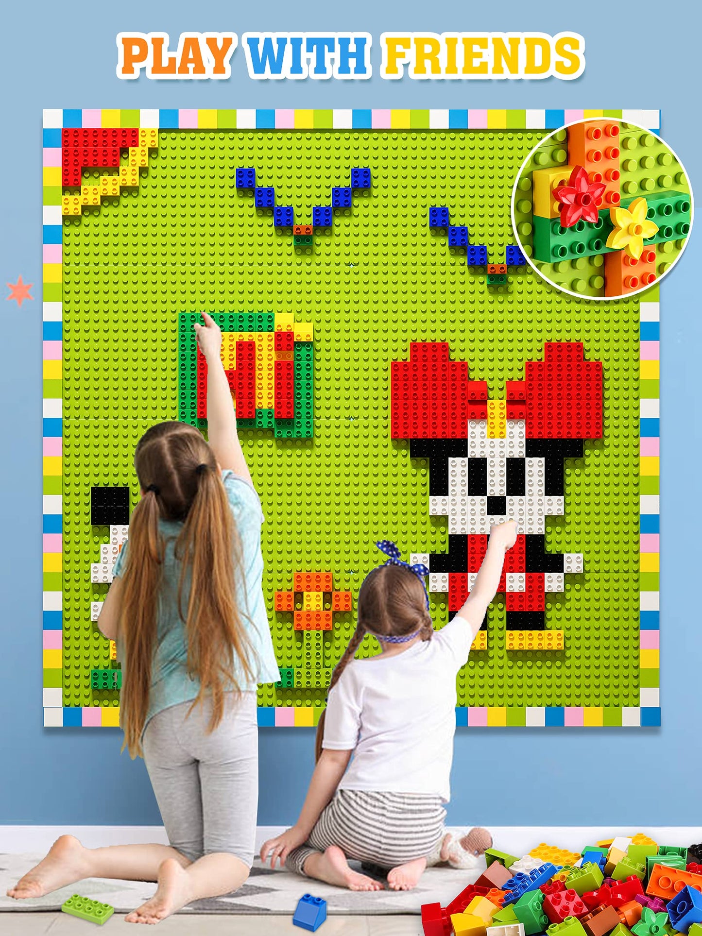 Burgkidz Build On Wall or Table - 8-Pack Green Base Plates + 444 Bricks, Major Brand Compatible