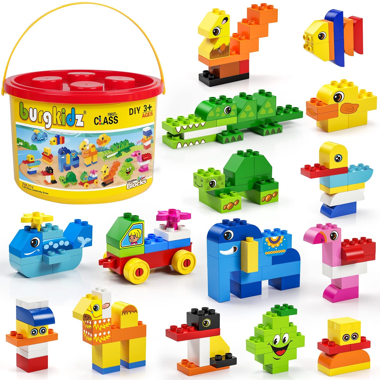 burgkidz Educational Toy: Classic Big Size Bricks – Large Building Blocks with Reusable Storage Bucket (Ages 3+)