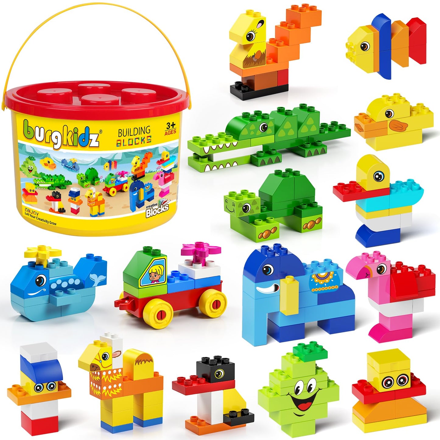 burgkidz Educational Toy: Classic Big Size Bricks – Large Building Blocks with Reusable Storage Bucket (Ages 3+)