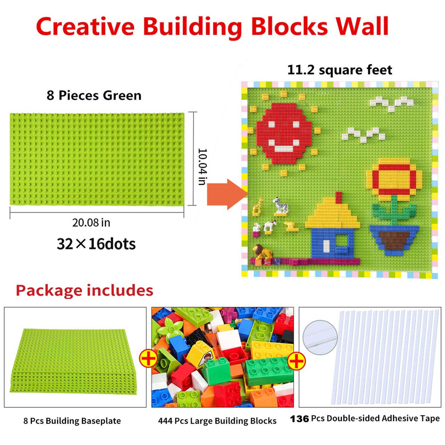 Burgkidz Build On Wall or Table - 8-Pack Green Base Plates + 444 Bricks, Major Brand Compatible