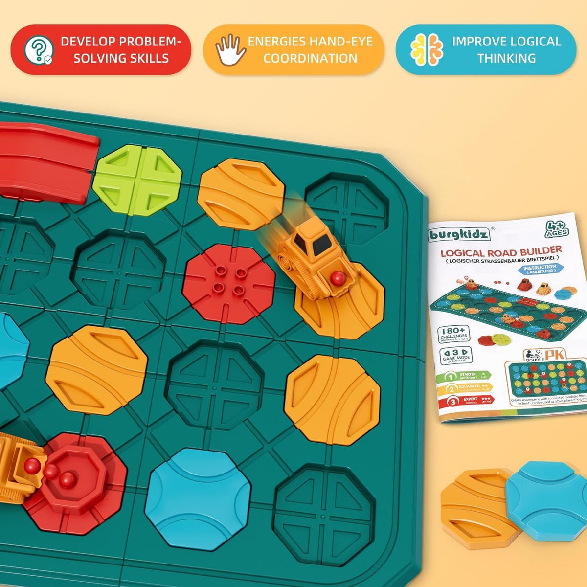 burgkidz STEM Board Games – Large 8-Board Road Builder for Kids Aged 3-8