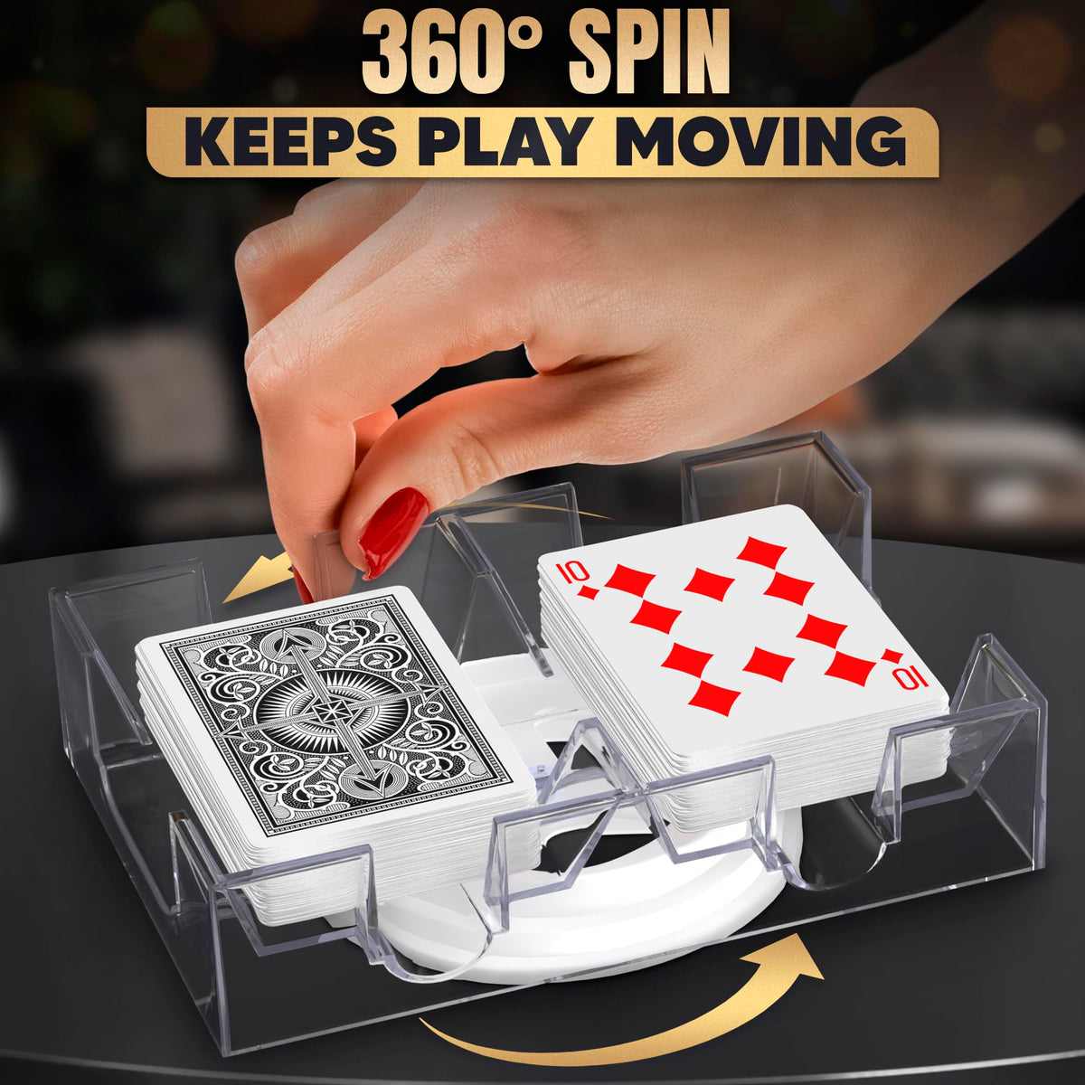 BURIUS Dual-Deck Rotating Card Holder – 360° Acrylic Tray for Canasta, Poker & Bridge
