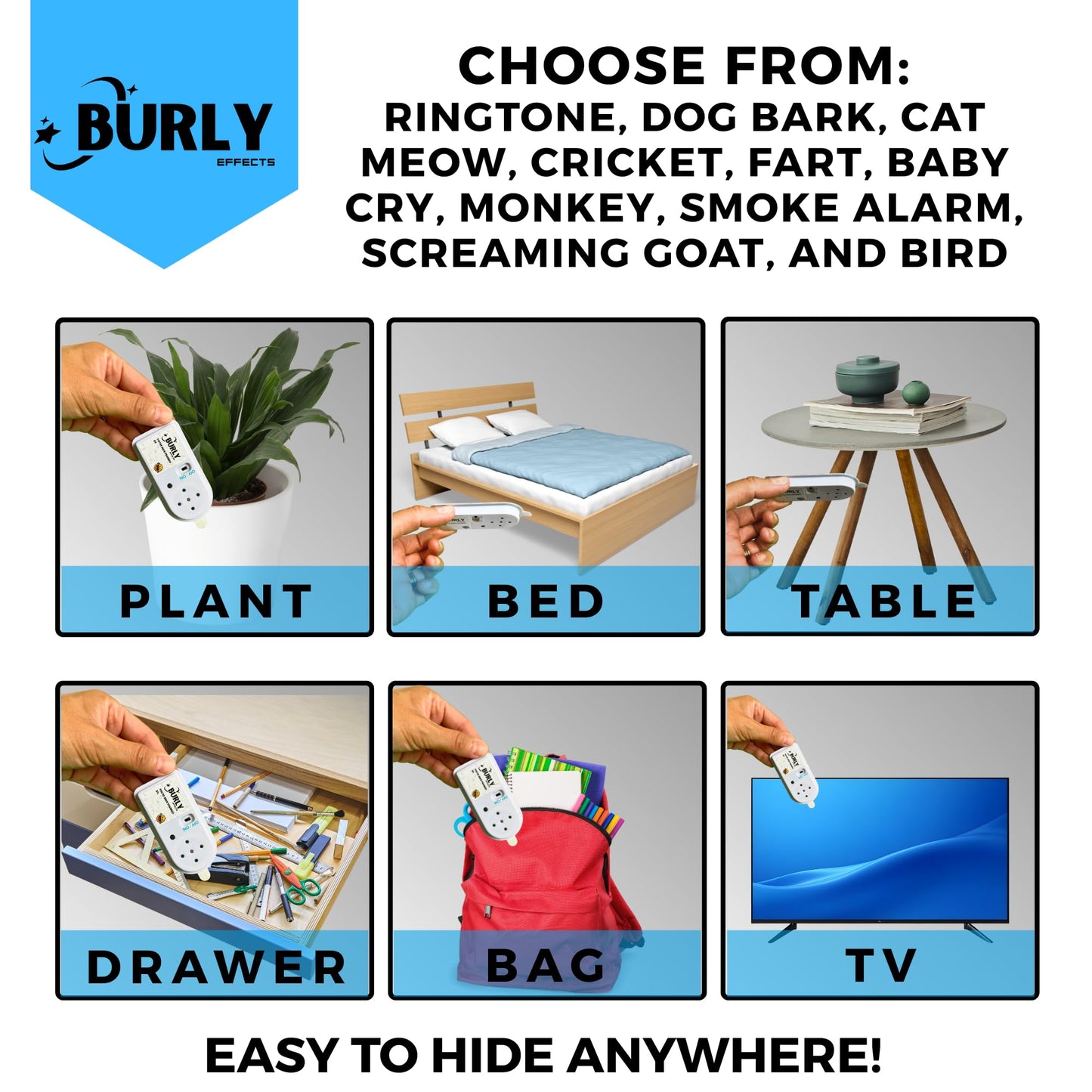 Burly Effects Hidden Noise Maker Gag Prank – 2 Pack with 10 Sounds