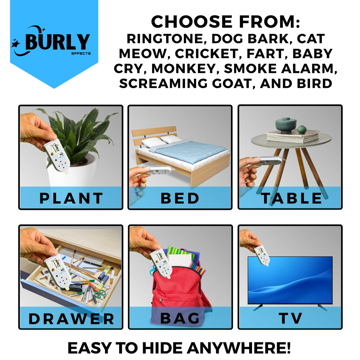 Burly Effects Hidden Noise Maker Gag Prank – 10 Sounds in One Compact Device