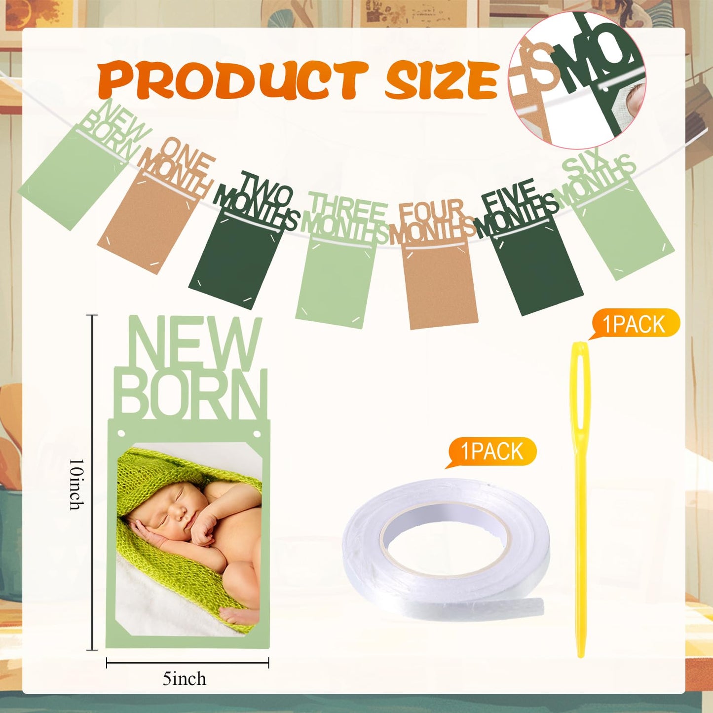 Buryeah Green & Kraft 1st Birthday Photo Banner — Newborn to 12 Months Milestone Garland