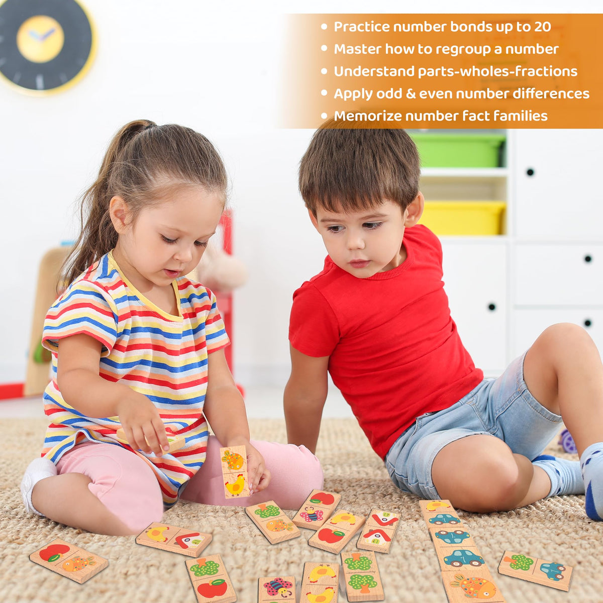 Busaurus 28-Pcs Wooden Domino Puzzle Set – Colorful Fruit & Animal Designs for Kids 3+