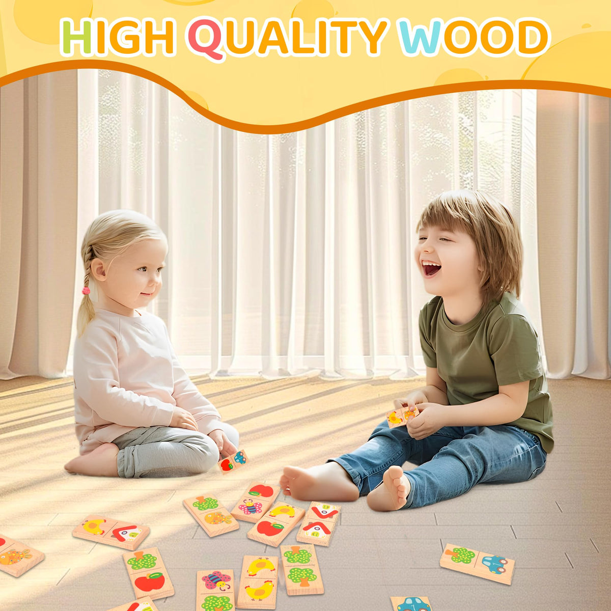 Busaurus 28-Pcs Wooden Domino Puzzle Set – Colorful Fruit & Animal Designs for Kids 3+