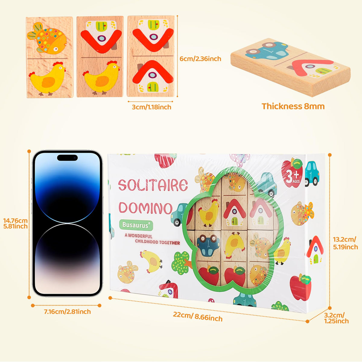 Busaurus 28-Pcs Wooden Domino Puzzle Set – Colorful Fruit & Animal Designs for Kids 3+