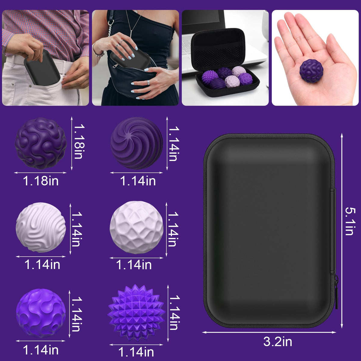 BUSOHA Silicone Fidget Balls – 6 Pack Quiet Stress Relief Toys for Adults, Sensory Travel Companions