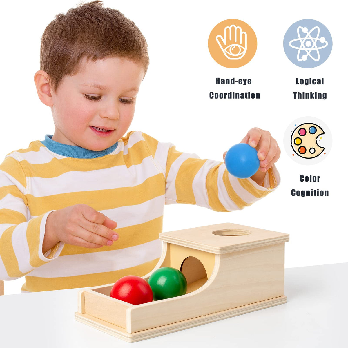 Busy Edition Montessori Object Permanence Box – Wooden Ball Drop Toy for Babies 6-12 Months