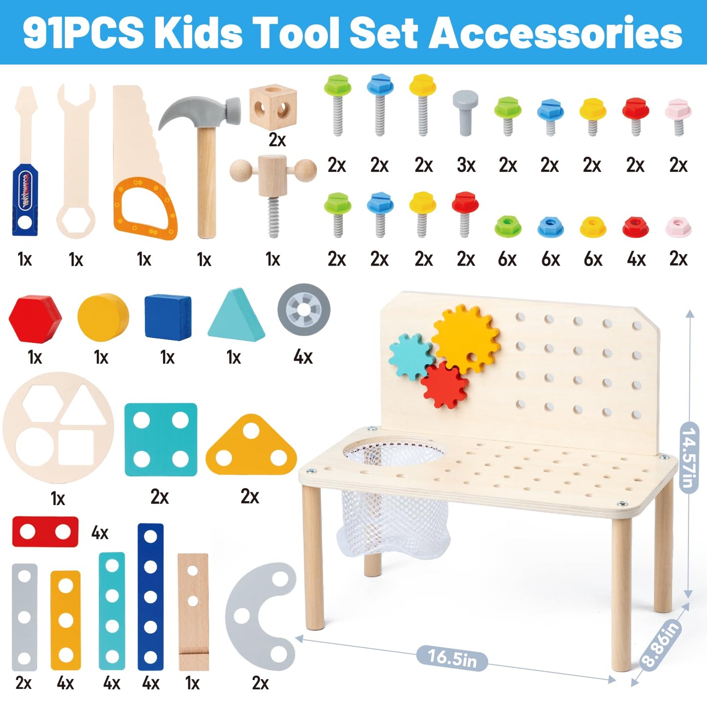 Busy Edition Kids Tool Set for Toddlers – 69 Pcs STEM Montessori Wood Bench