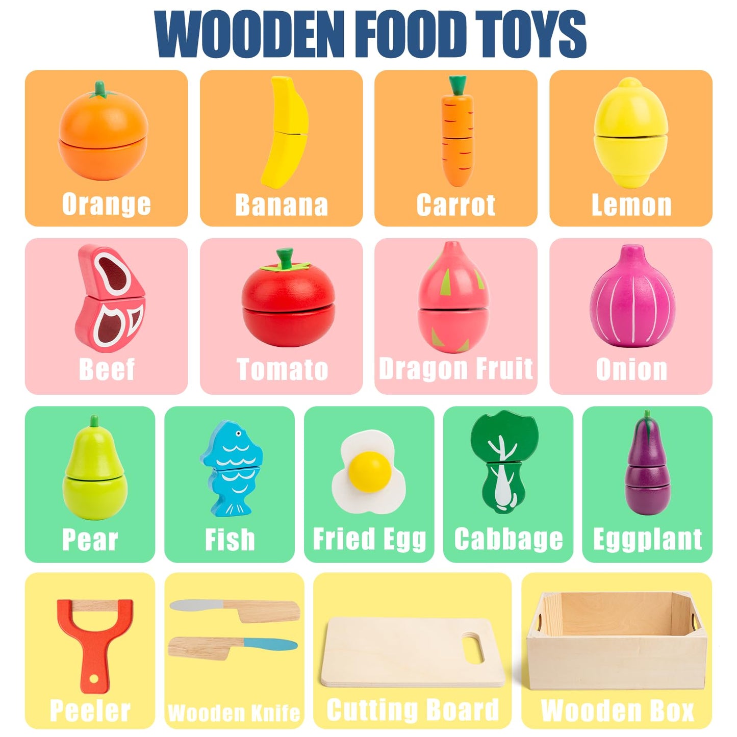 Busy Edition 32 Pcs Wooden Play Food Set – Montessori Pretend Play Kitchen Toys for Toddlers