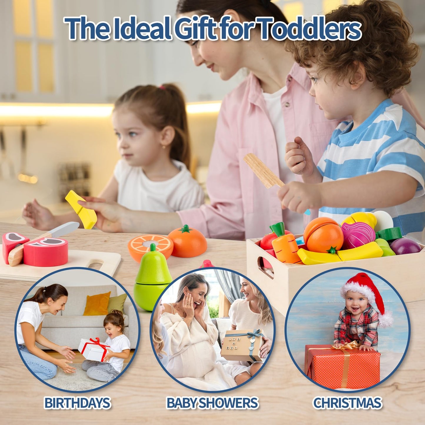 Busy Edition 32 Pcs Wooden Play Food Set – Montessori Pretend Play Kitchen Toys for Toddlers