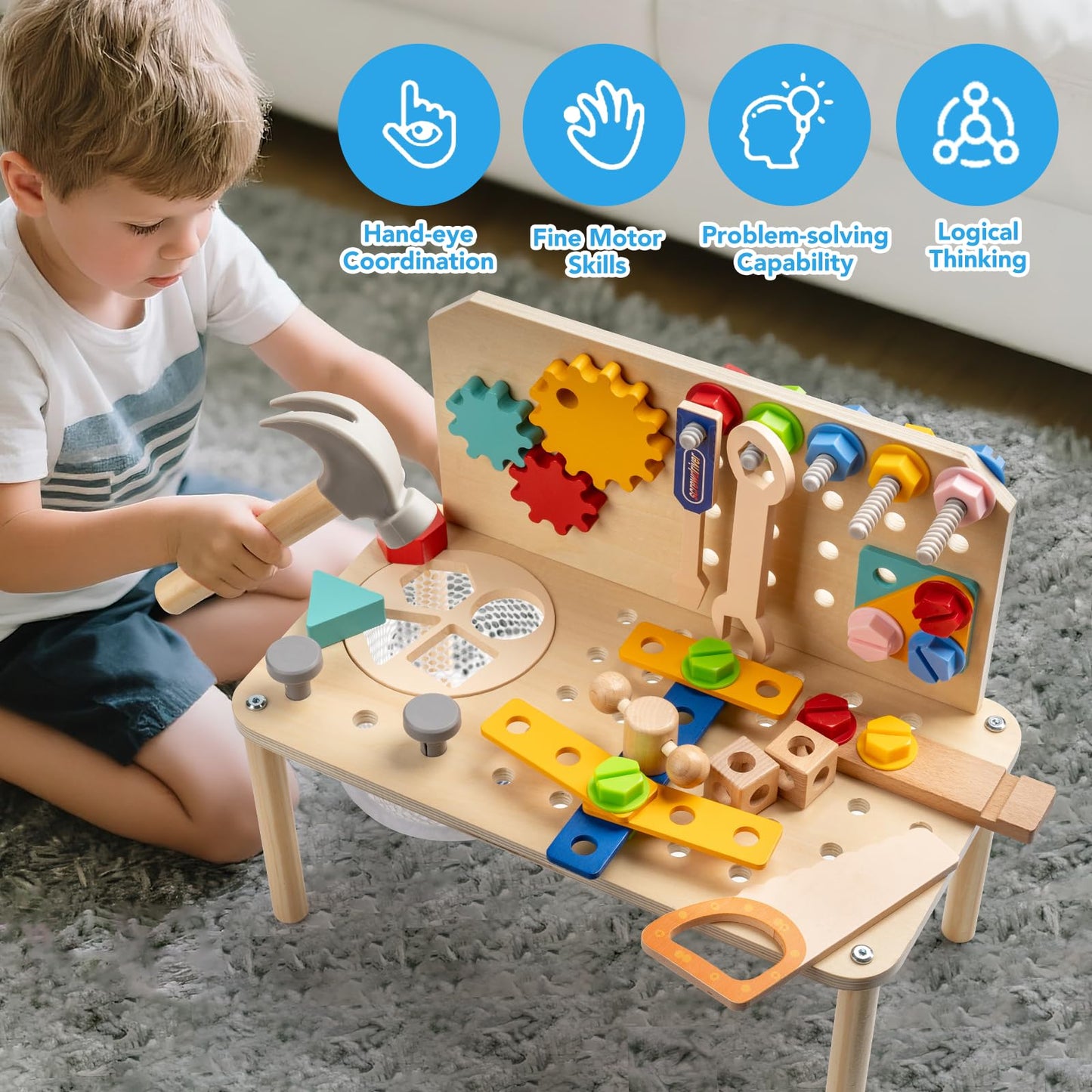 Busy Edition Kids Tool Set for Toddlers – 69 Pcs STEM Montessori Wood Bench