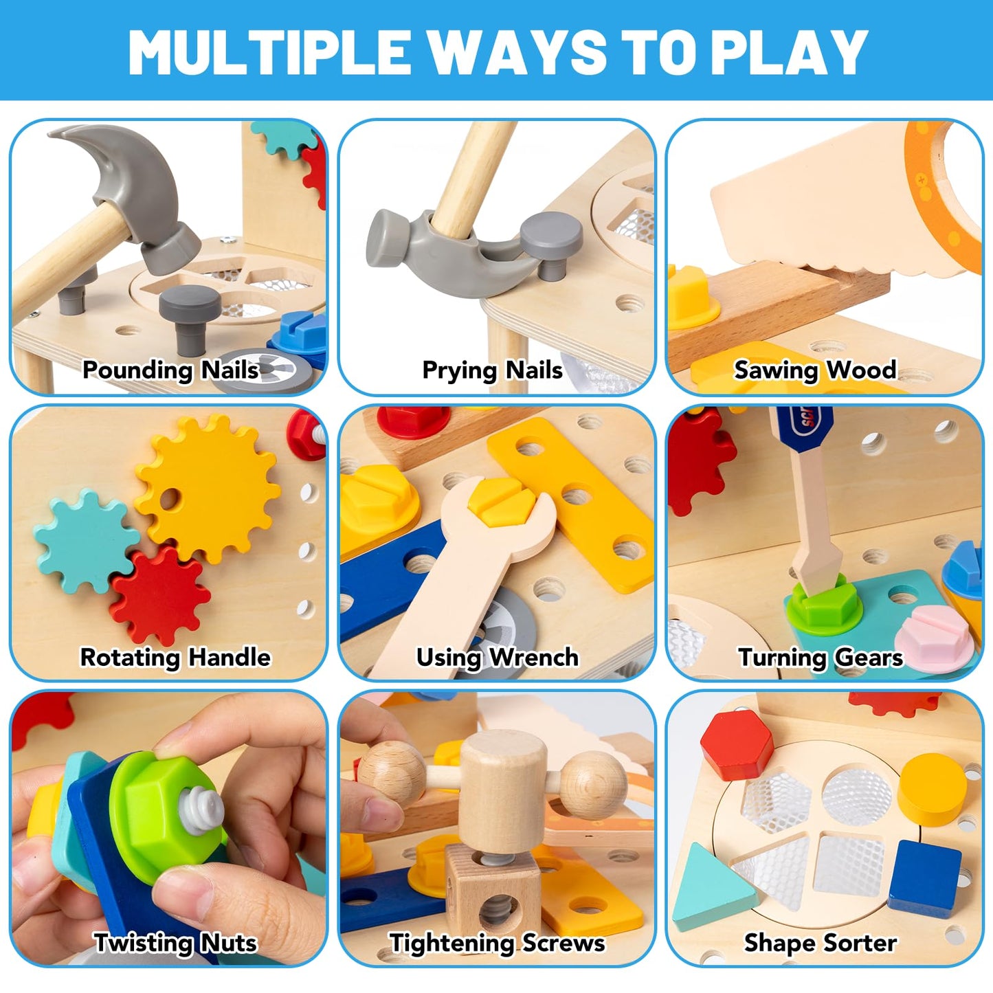 Busy Edition Kids Tool Set for Toddlers – 69 Pcs STEM Montessori Wood Bench