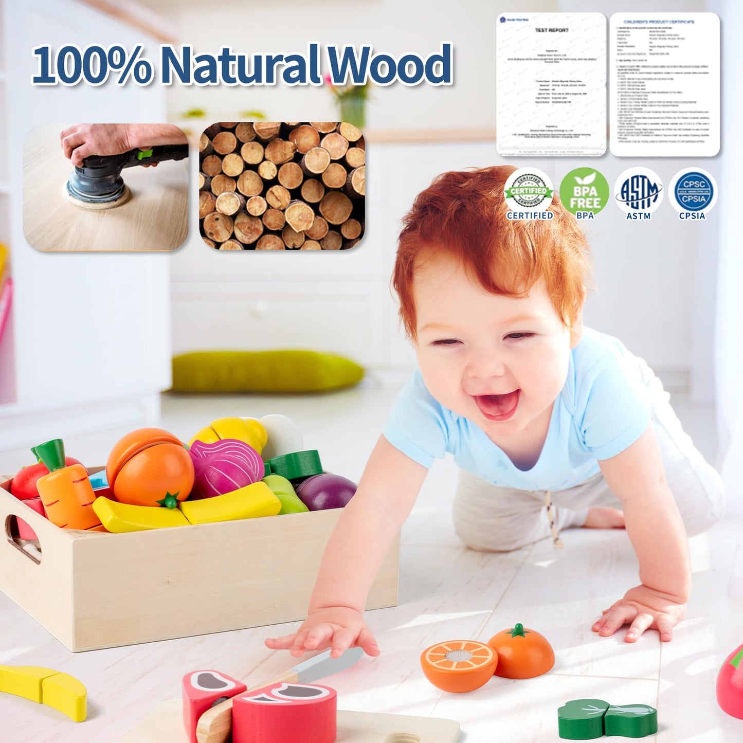 Busy Edition 32 Pcs Wooden Play Food Set – Montessori Pretend Play Kitchen Toys for Toddlers