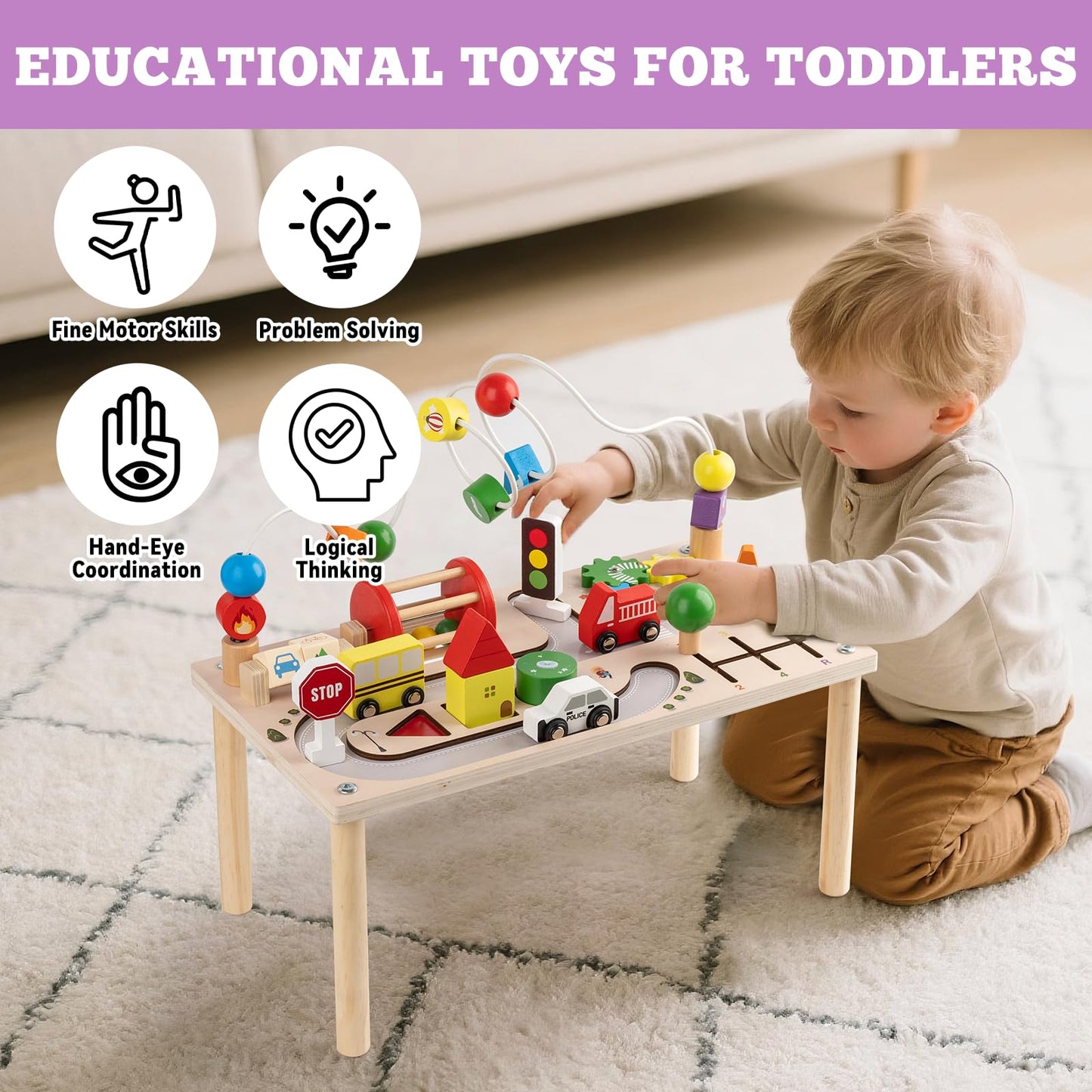 Busy edition 8-in-1 Wooden Montessori Activity Table for Toddlers (1-3)