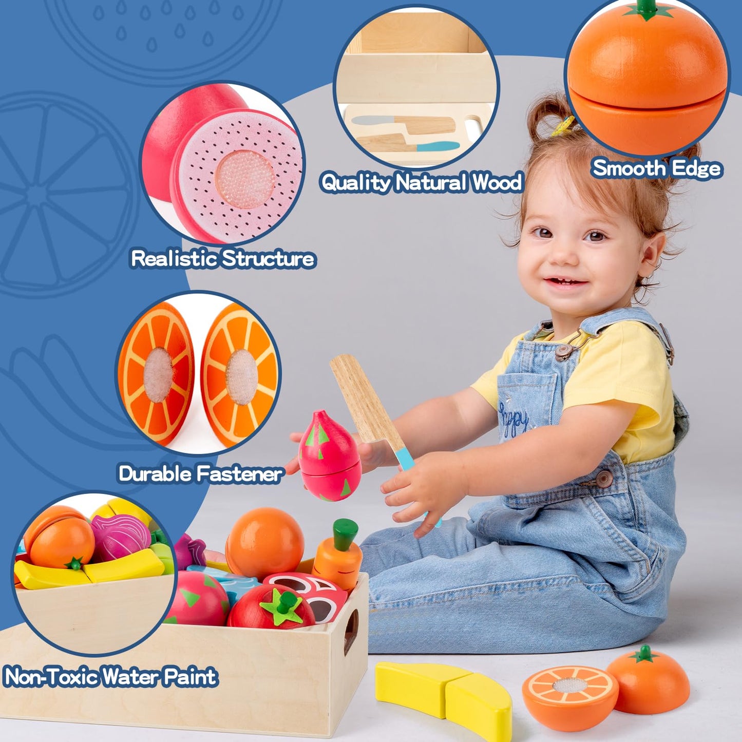 Busy Edition 32 Pcs Wooden Play Food Set – Montessori Pretend Play Kitchen Toys for Toddlers