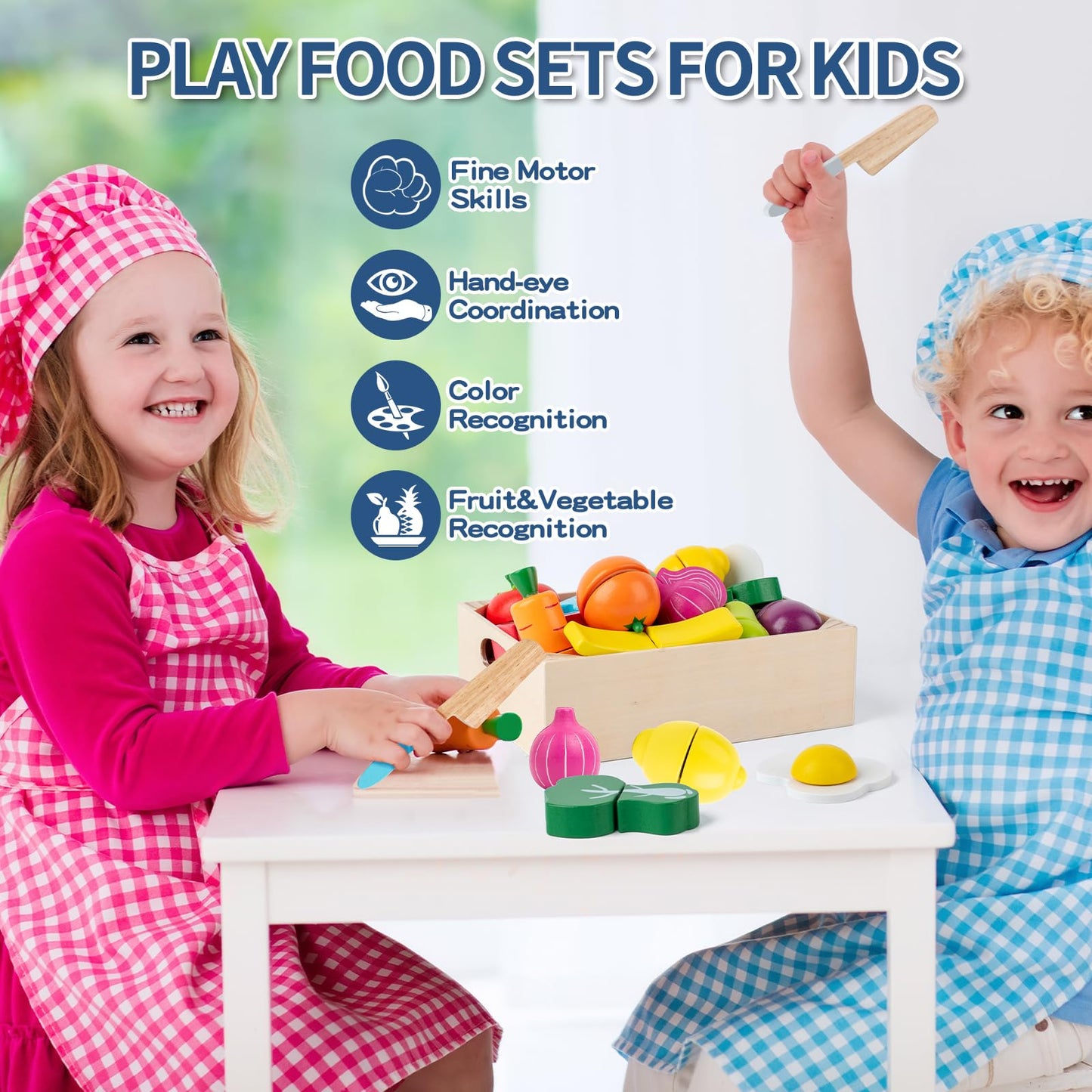 Busy Edition 32 Pcs Wooden Play Food Set – Montessori Pretend Play Kitchen Toys for Toddlers
