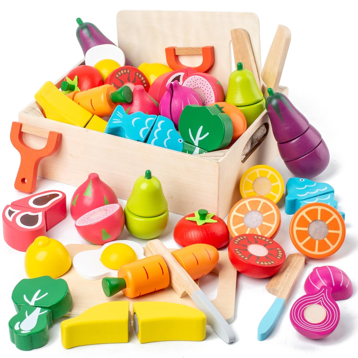 Busy Edition 32 Pcs Wooden Play Food Set – Montessori Pretend Play Kitchen Toys for Toddlers
