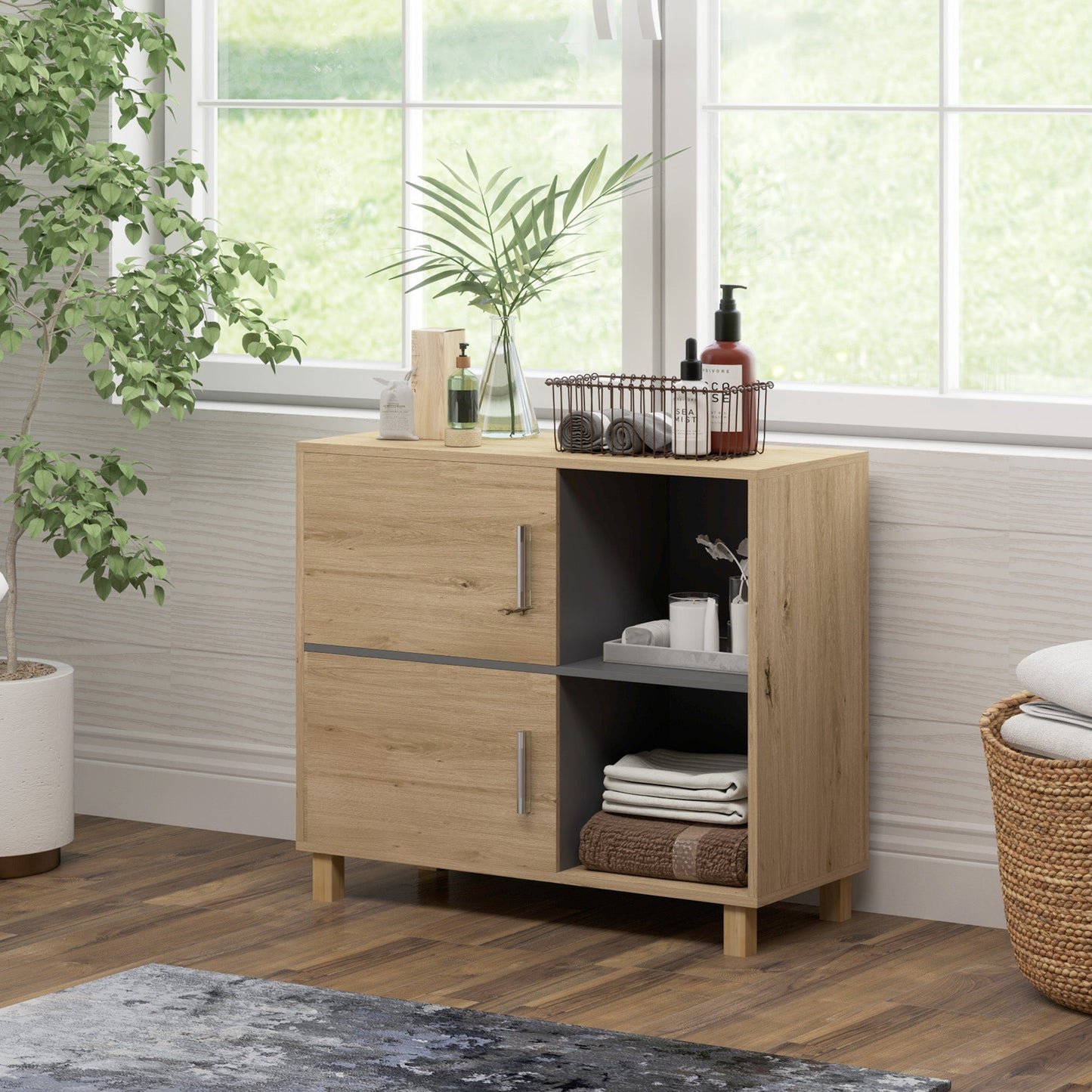 HOMCOM Bathroom Storage Cabinet with Open Compartments and Double Doors
