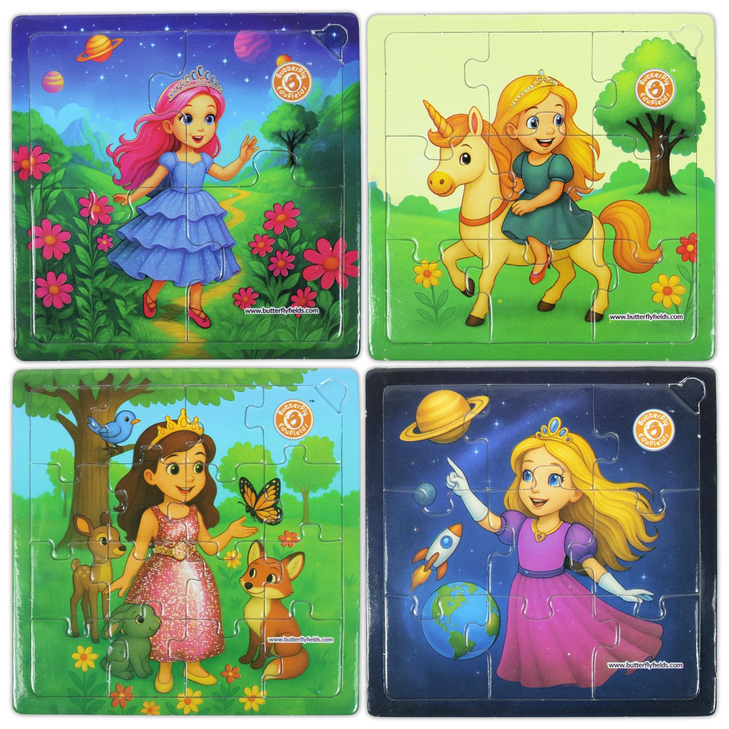 Butterfly EduFields 4-in-1 Puzzles – Princess, Unicorn, Mermaid & Fairy for Girls 3-5 | Toddler Jigsaw Set