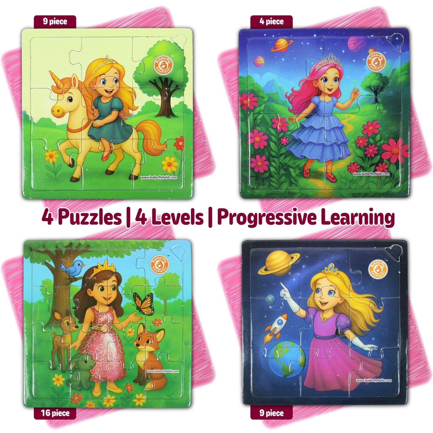 Butterfly EduFields 4-in-1 Puzzles – Princess, Unicorn, Mermaid & Fairy for Girls 3-5 | Toddler Jigsaw Set