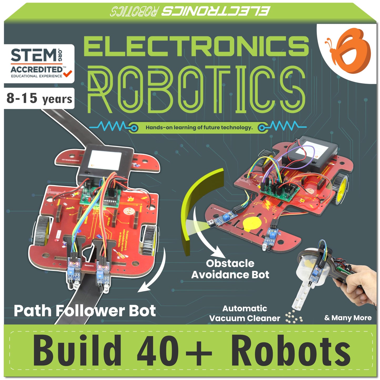Butterfly EduFields 40-in-1 STEM Robotics Kit for Kids 8-12 | DIY Robots with Sensors & Electronics Board | Educational Gift