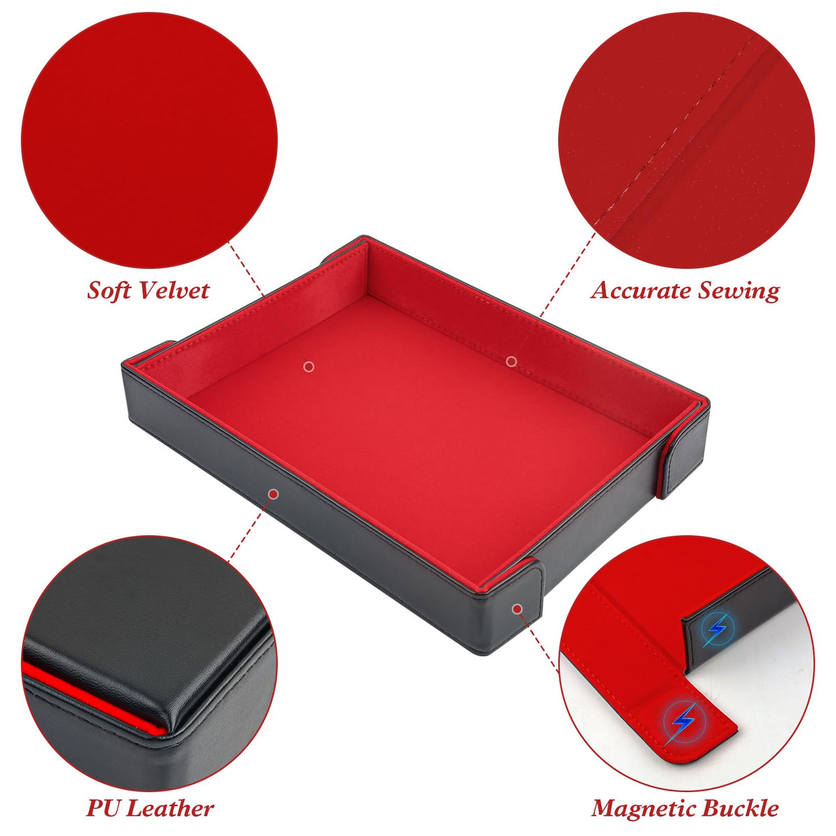 Buweeo PU Leather Magnetic Folding Dice Tray with Red Felt Lining – Portable RPG Dice Rolling Mat