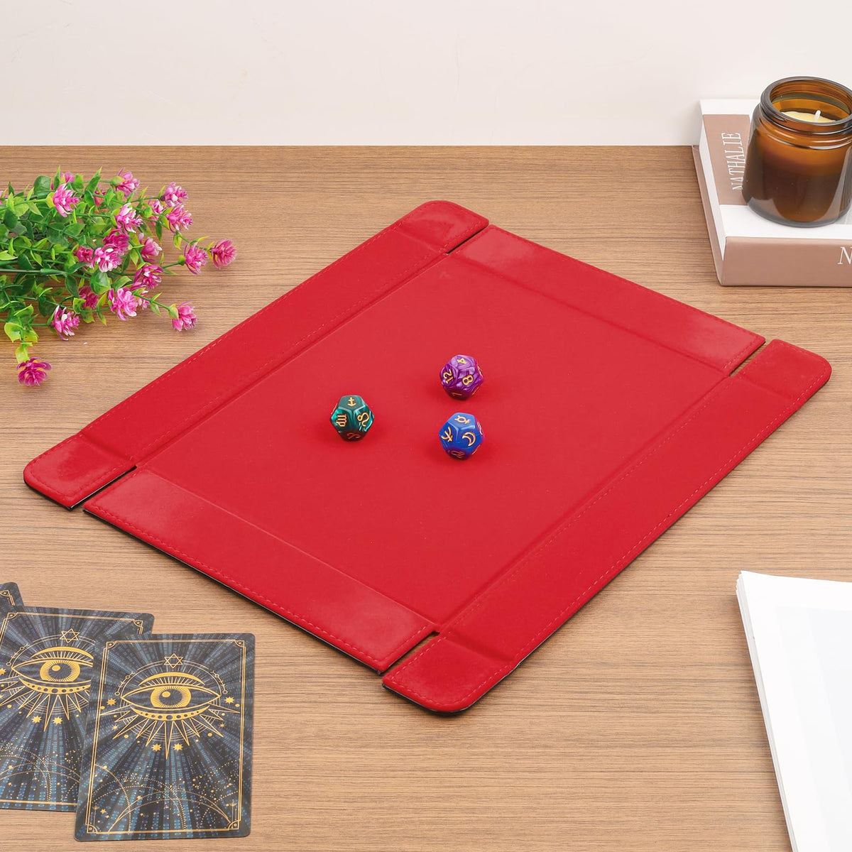 Buweeo PU Leather Magnetic Folding Dice Tray with Red Felt Lining – Portable RPG Dice Rolling Mat
