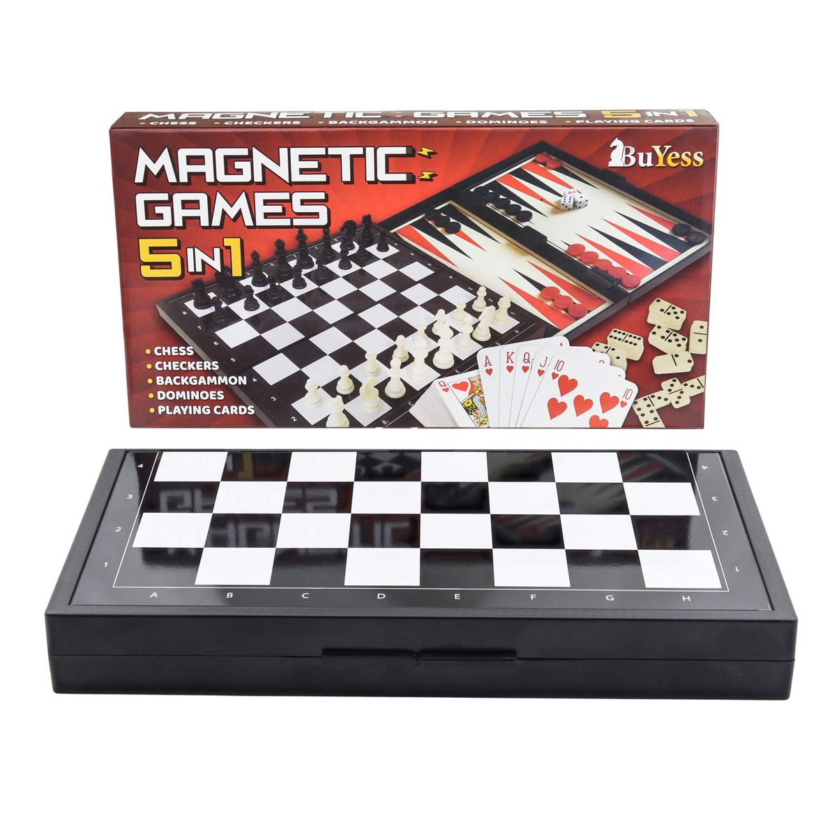 BUYESS 5-in-1 Magnetic Travel Board Game Set – Chess, Checkers, Dominoes, Backgammon & Cards