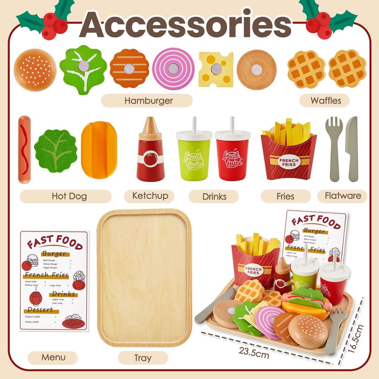 BUYGER Play Food Sets for Kids – Wooden Hamburger Set & Pretend Kitchen Accessories