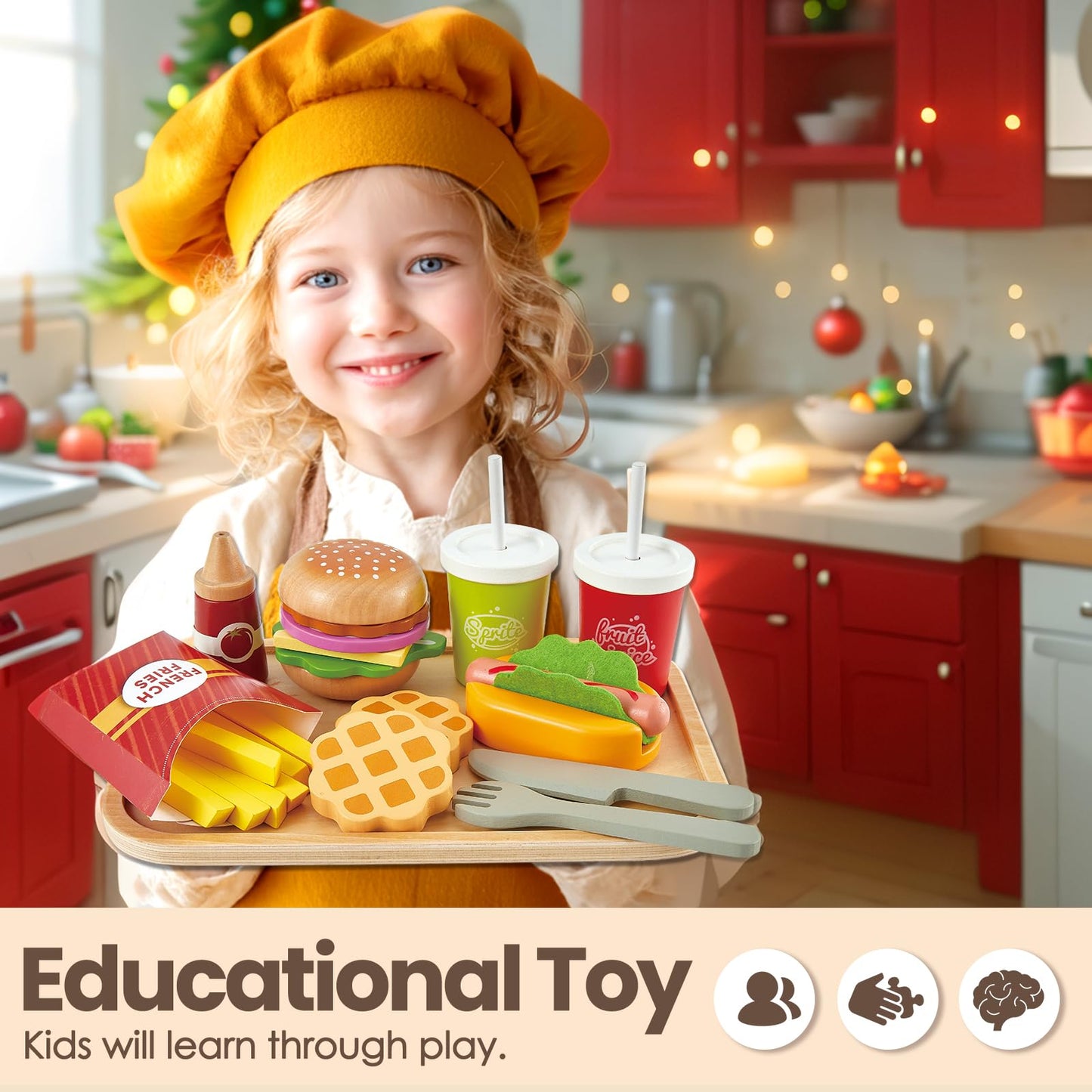 BUYGER Play Food Sets for Kids – Wooden Hamburger Set & Pretend Kitchen Accessories