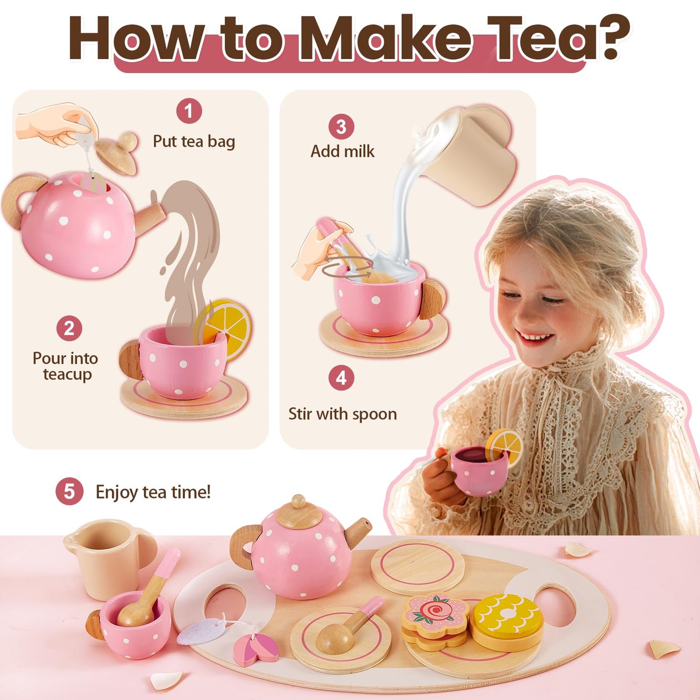 BUYGER Kids Wooden Tea Party Set – Pretend Play Tea Set for Ages 3-5