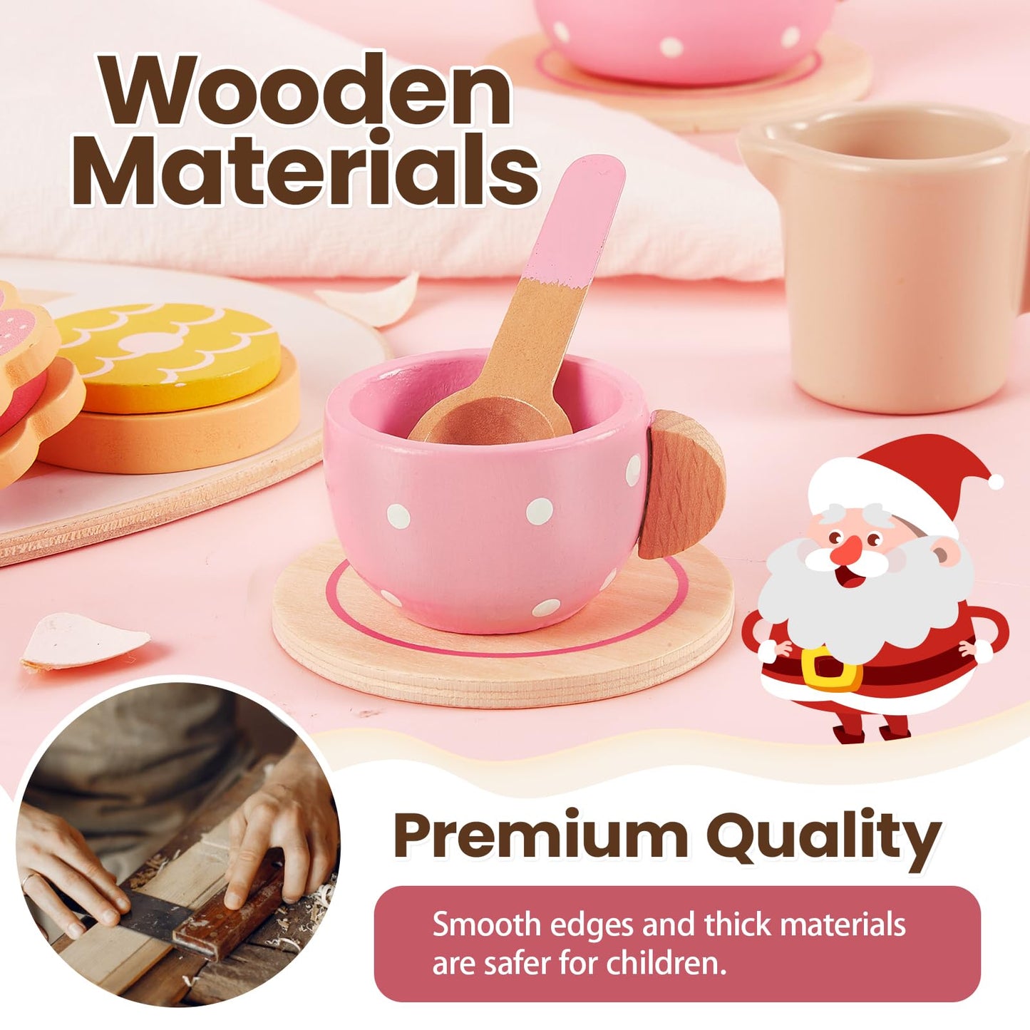 BUYGER Kids Wooden Tea Party Set – Pretend Play Tea Set for Ages 3-5