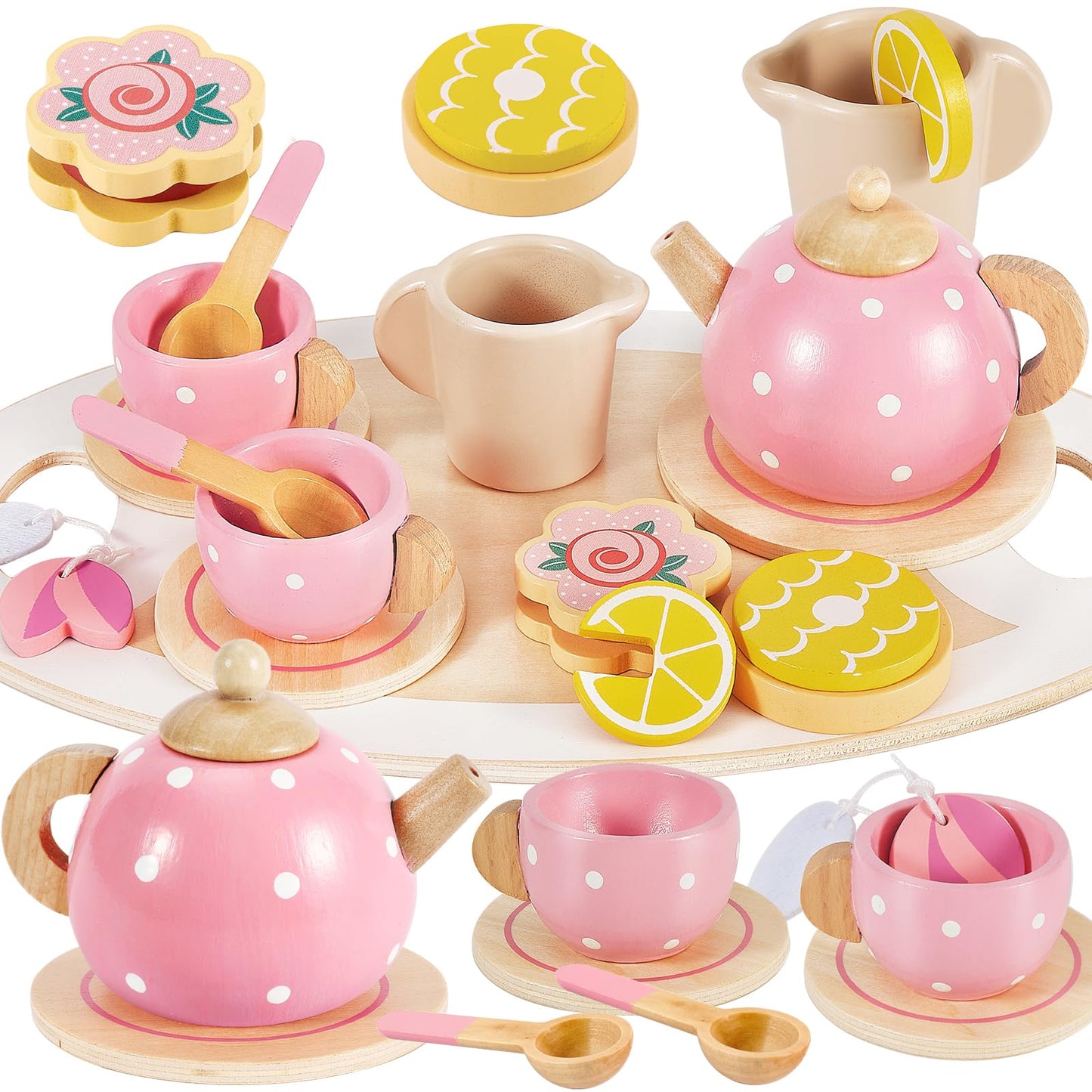 BUYGER Kids Wooden Tea Party Set – Pretend Play Tea Set for Ages 3-5