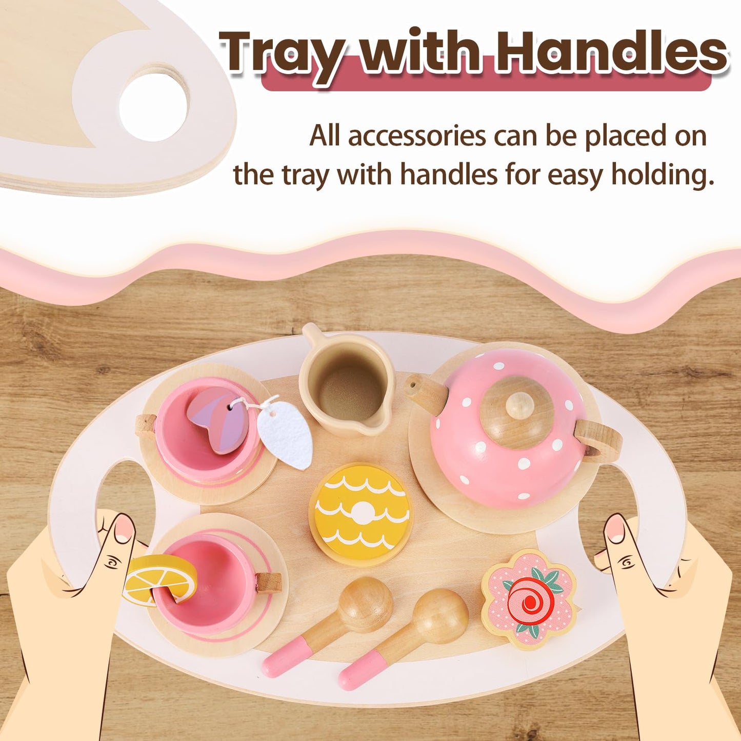BUYGER Kids Wooden Tea Party Set – Pretend Play Tea Set for Ages 3-5