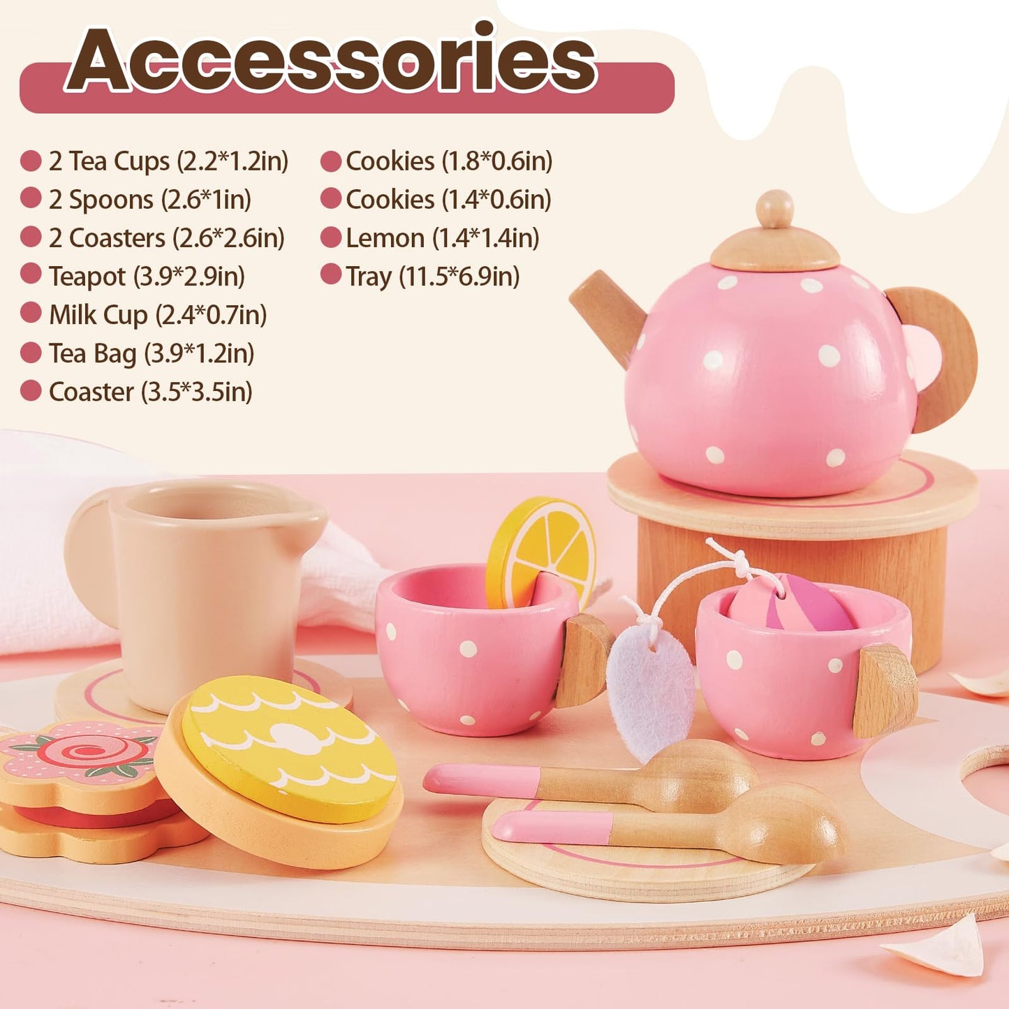 BUYGER Kids Wooden Tea Party Set – Pretend Play Tea Set for Ages 3-5
