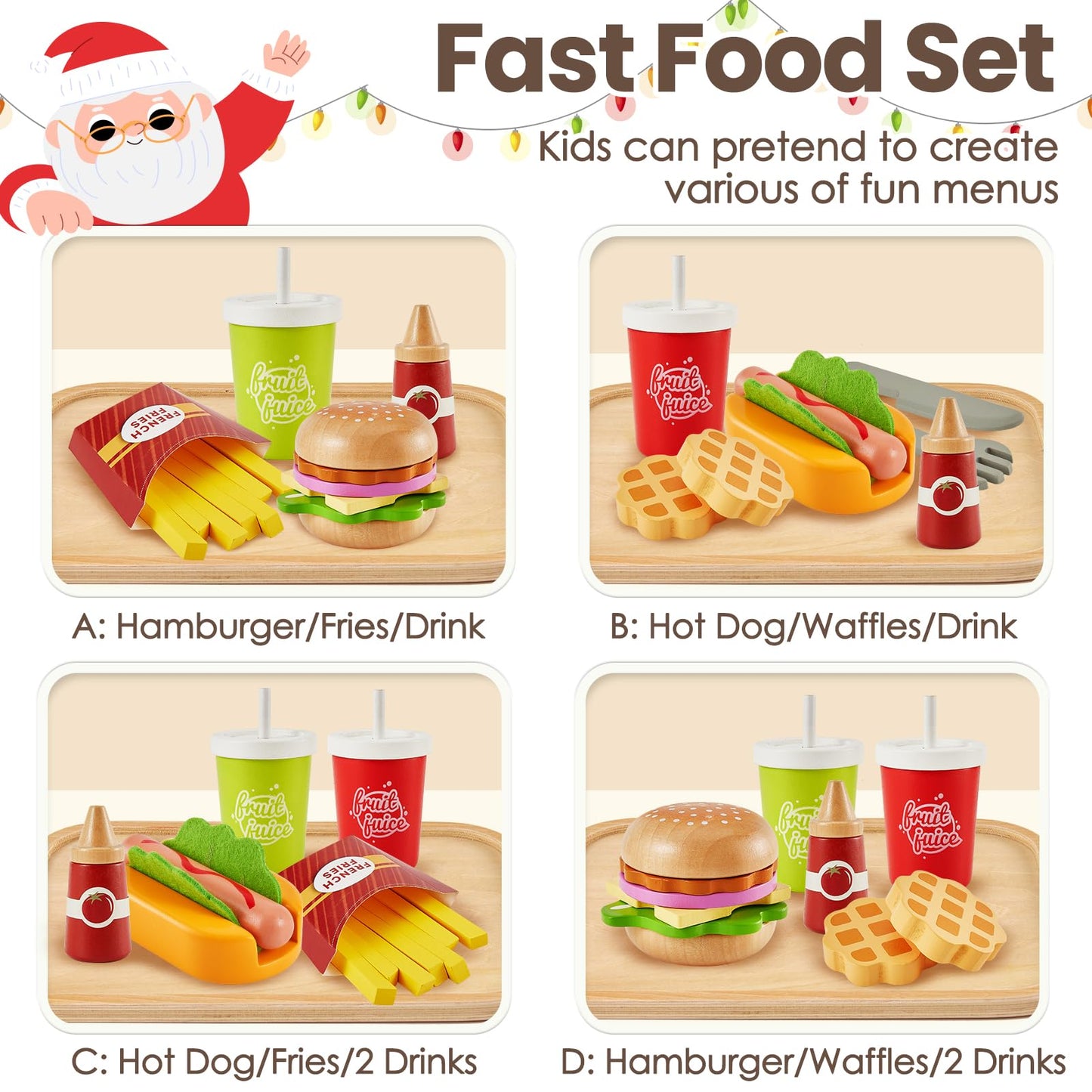 BUYGER Play Food Sets for Kids – Wooden Hamburger Set & Pretend Kitchen Accessories