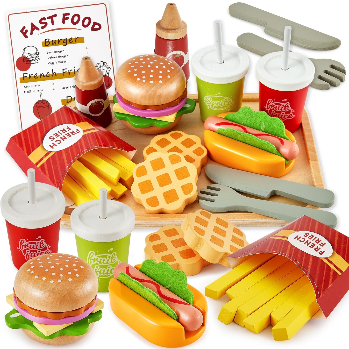 BUYGER Play Food Sets for Kids – Wooden Hamburger Set & Pretend Kitchen Accessories